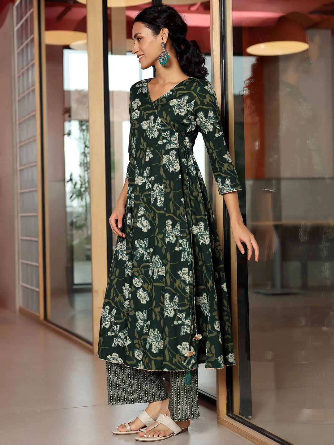  Green Printed Cotton Anarkali Kurta Set 