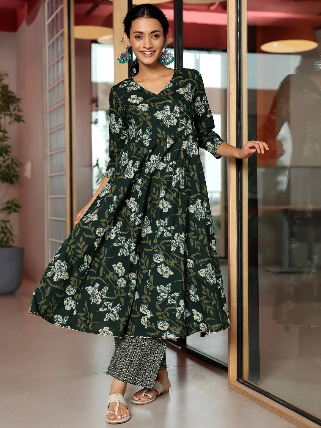  Green Printed Cotton Anarkali Kurta Set 