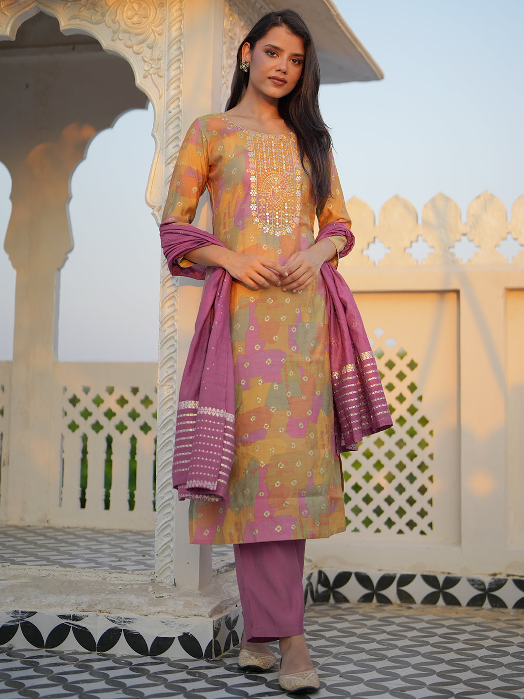 Multicoloured Printed Silk Blend Straight Suit With Dupatta