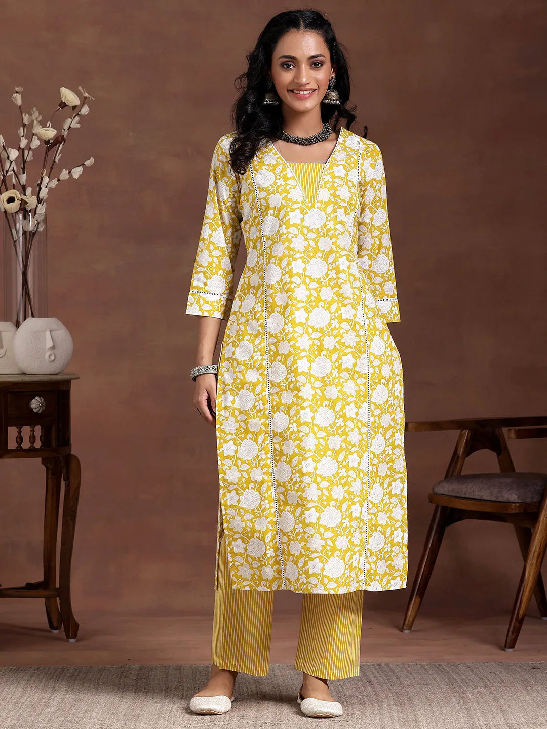  Yellow Printed Cotton Straight Kurta Set 