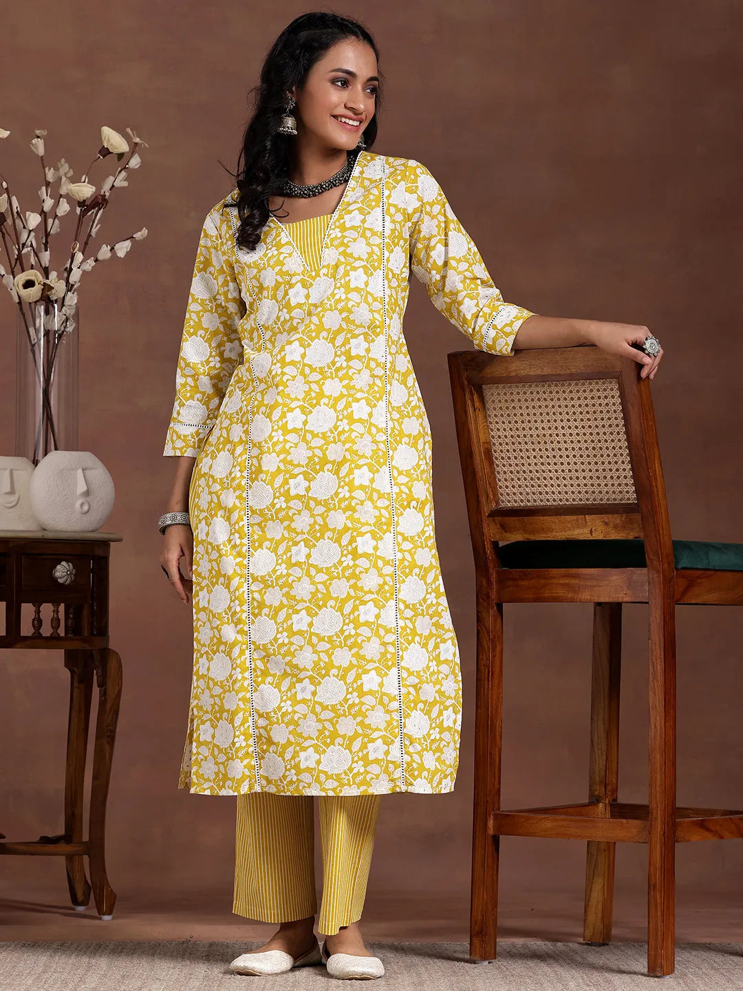  Yellow Printed Cotton Straight Kurta Set 