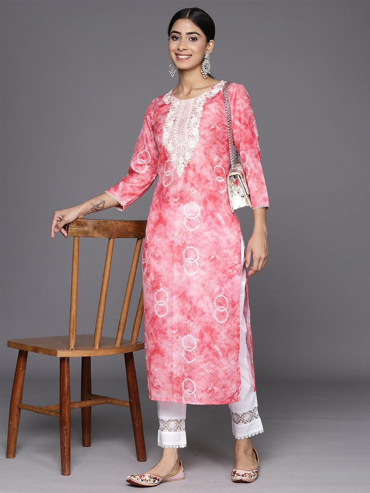 Peach Printed Cotton Straight Kurta - Libas