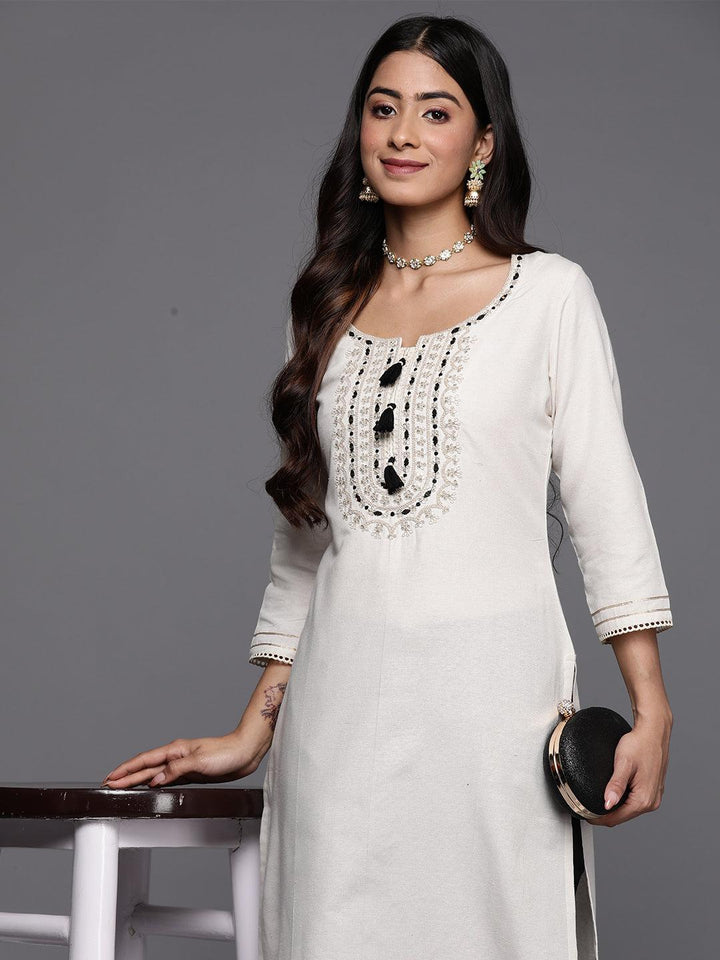 Off White Embellished Cotton Straight Kurta - Libas