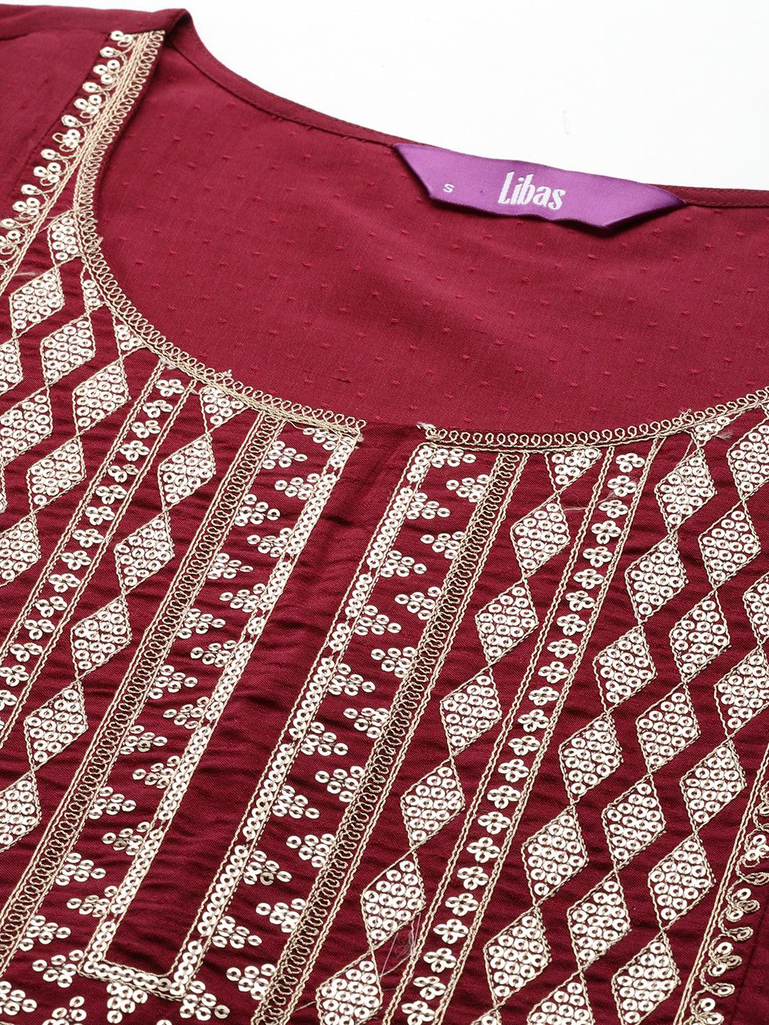 Maroon Yoke Design Silk A-Line Kurta - Libas