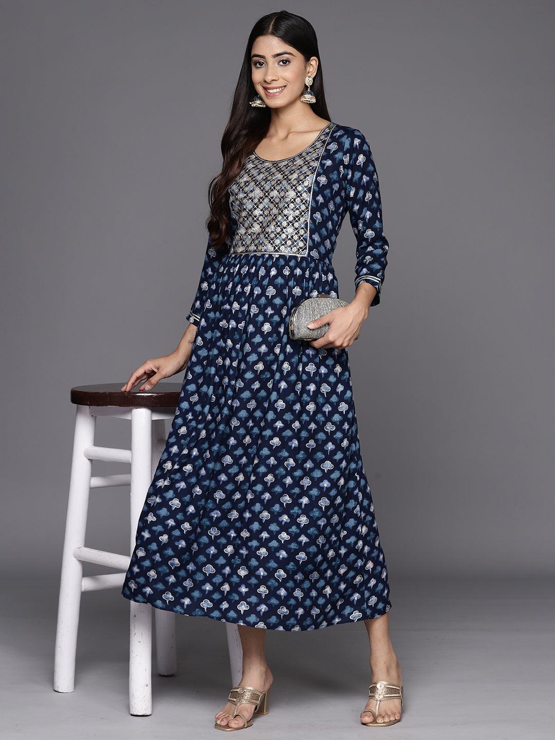 Navy Blue Embellished Rayon Fit and Flare Dress - Libas