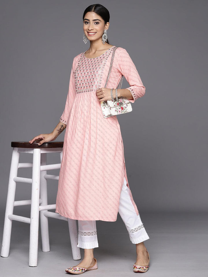 Pink Printed Rayon Straight Kurta - Libas