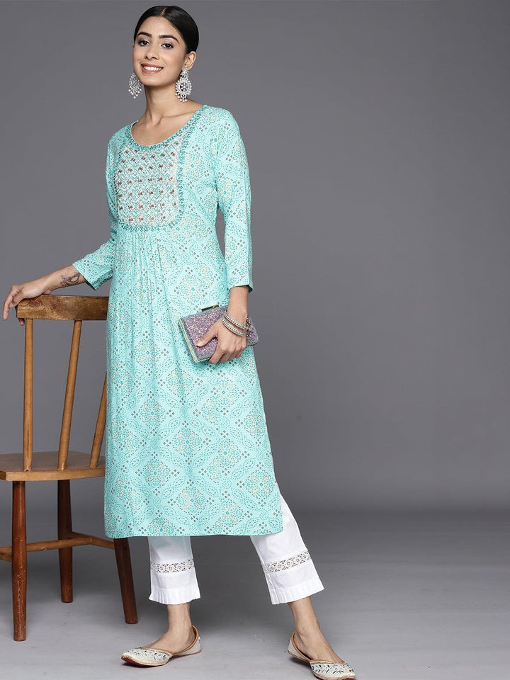 Turquoise Blue Printed Rayon Straight Kurta - Libas