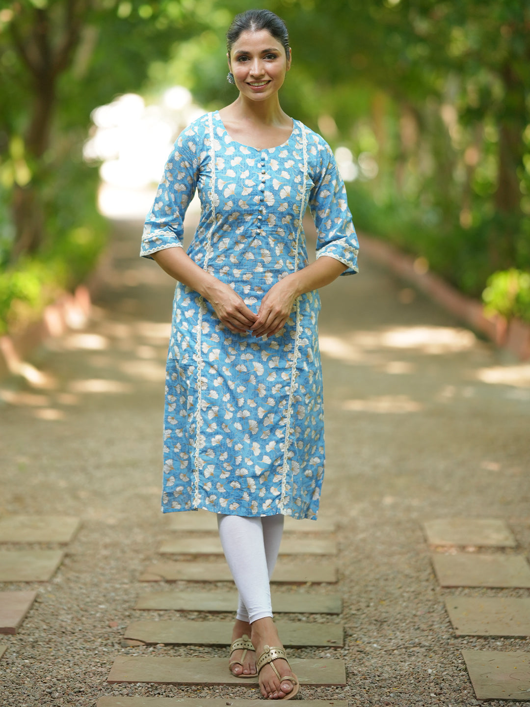 Blue Printed Cotton A-Line Kurta