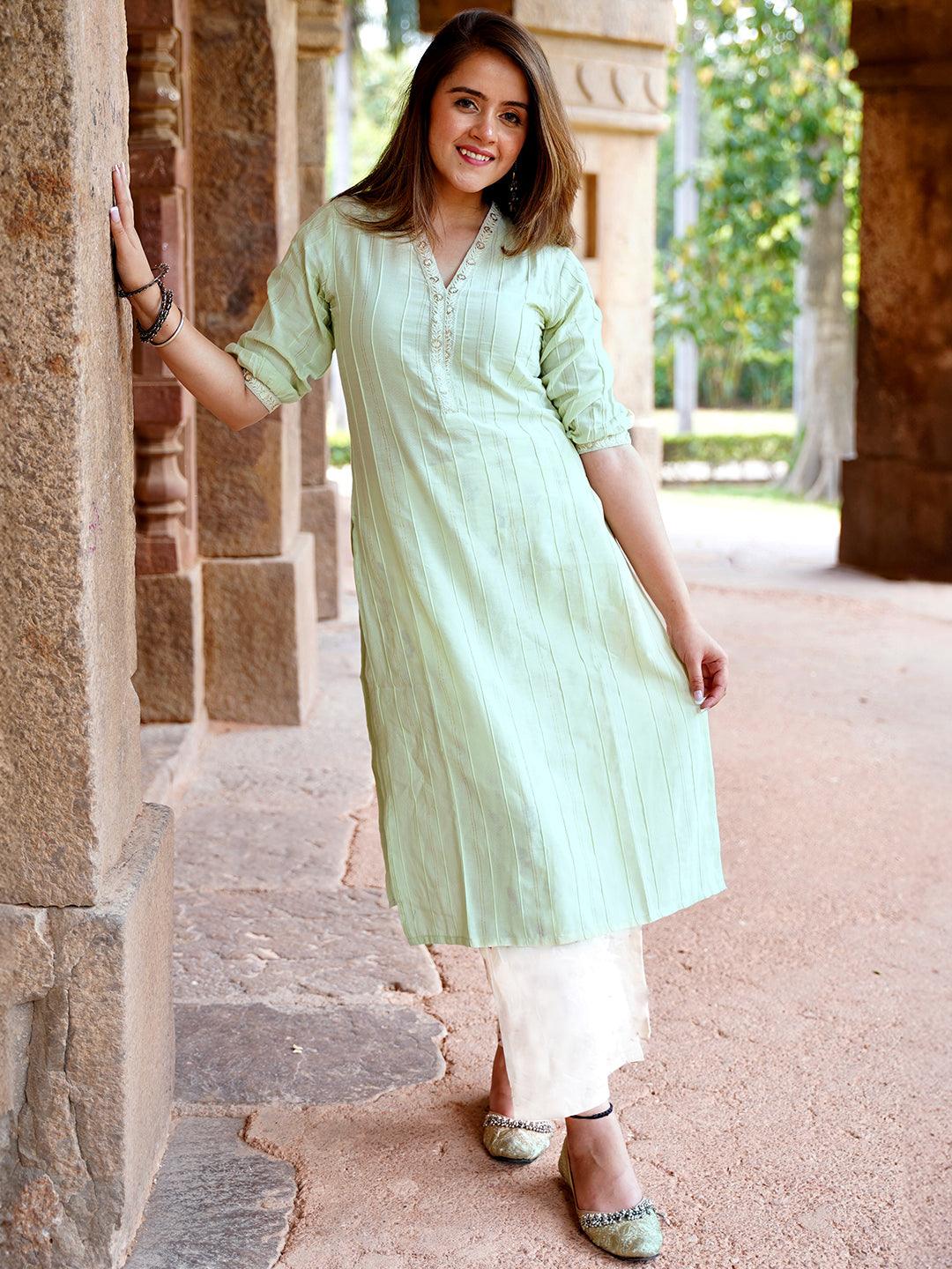 Light green Woven Design Cotton Straight Kurta - Libas