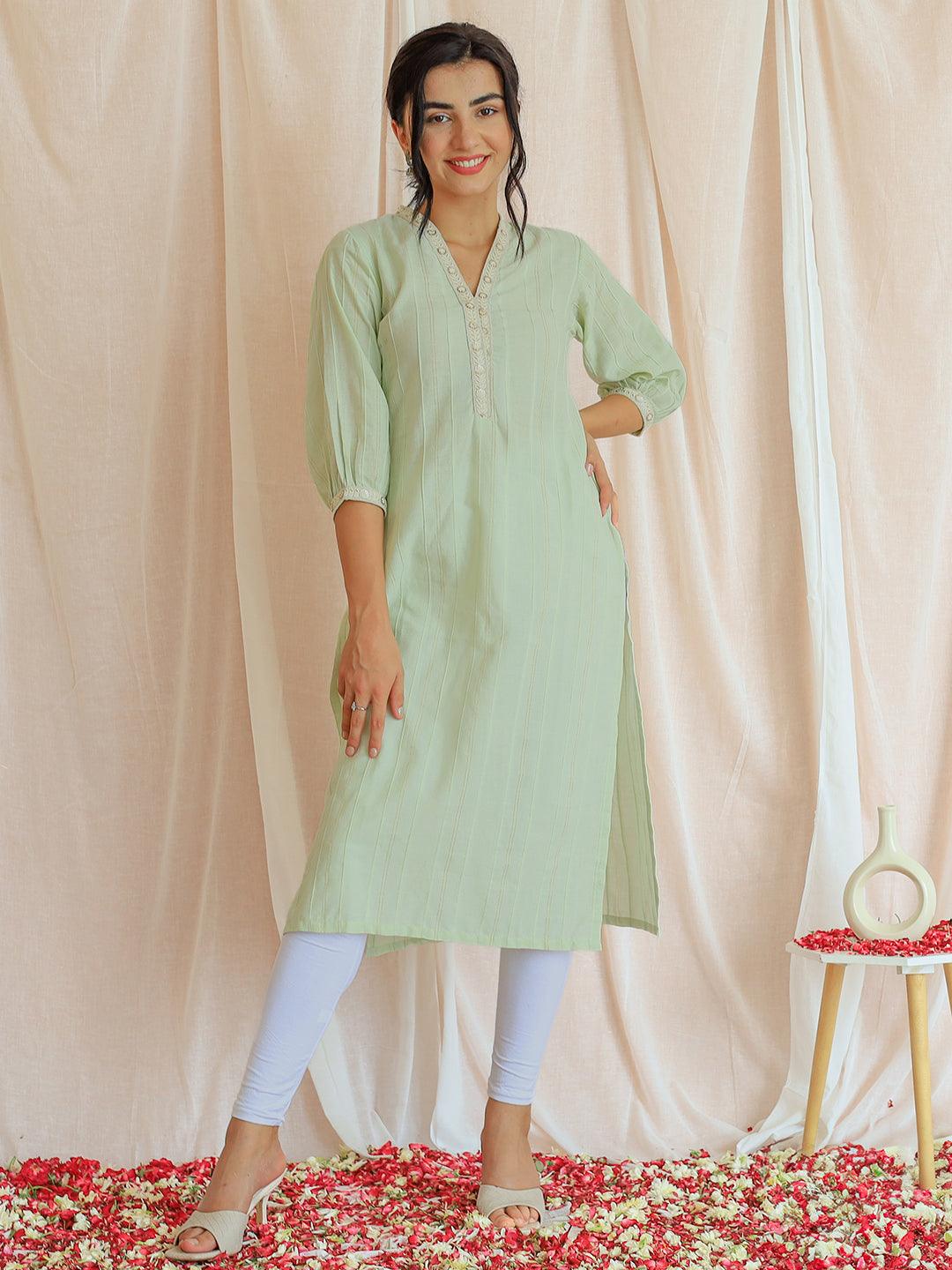 Light green Woven Design Cotton Straight Kurta - Libas