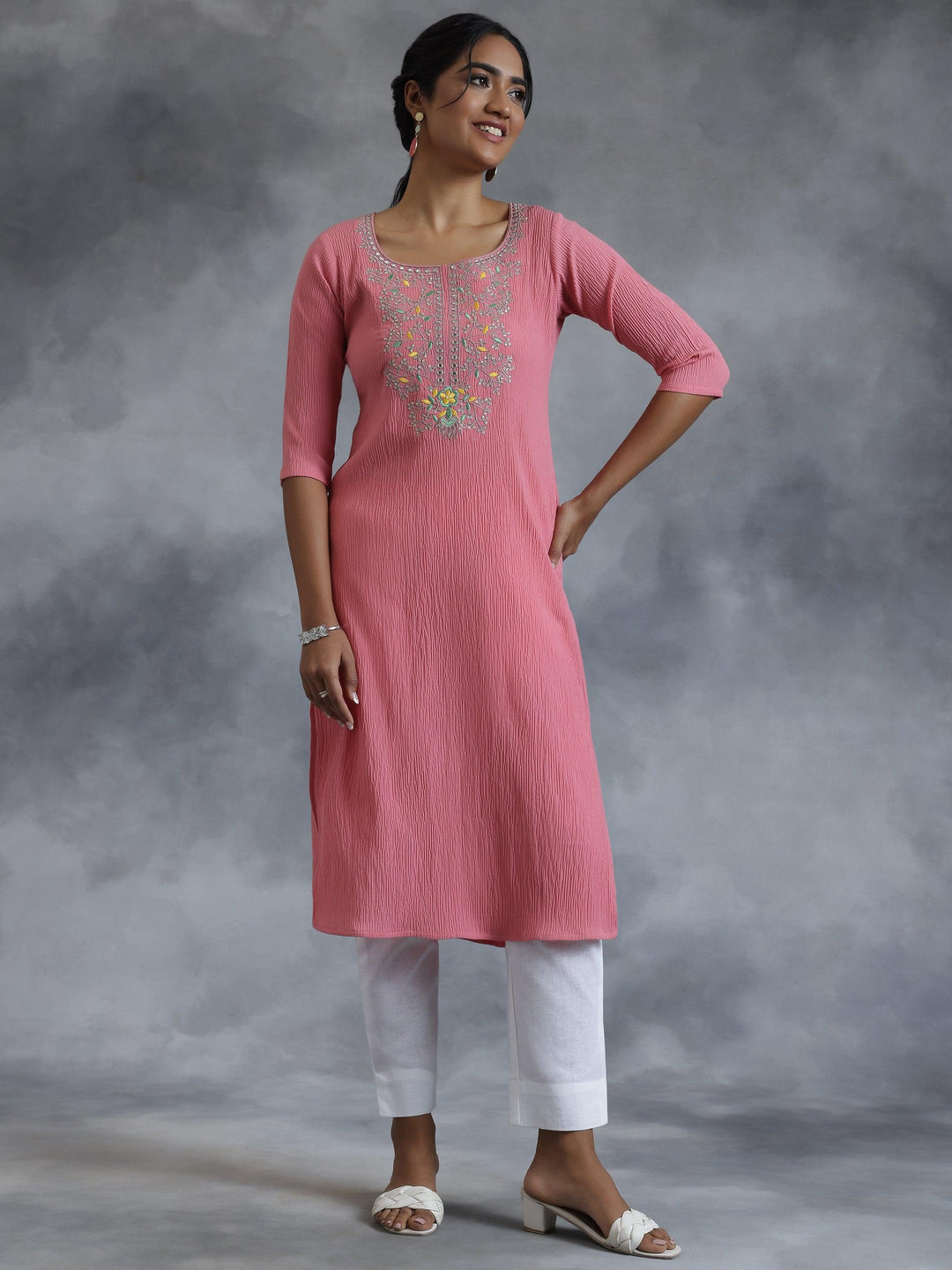 Pink Yoke Design Polyester Straight Kurta - Libas