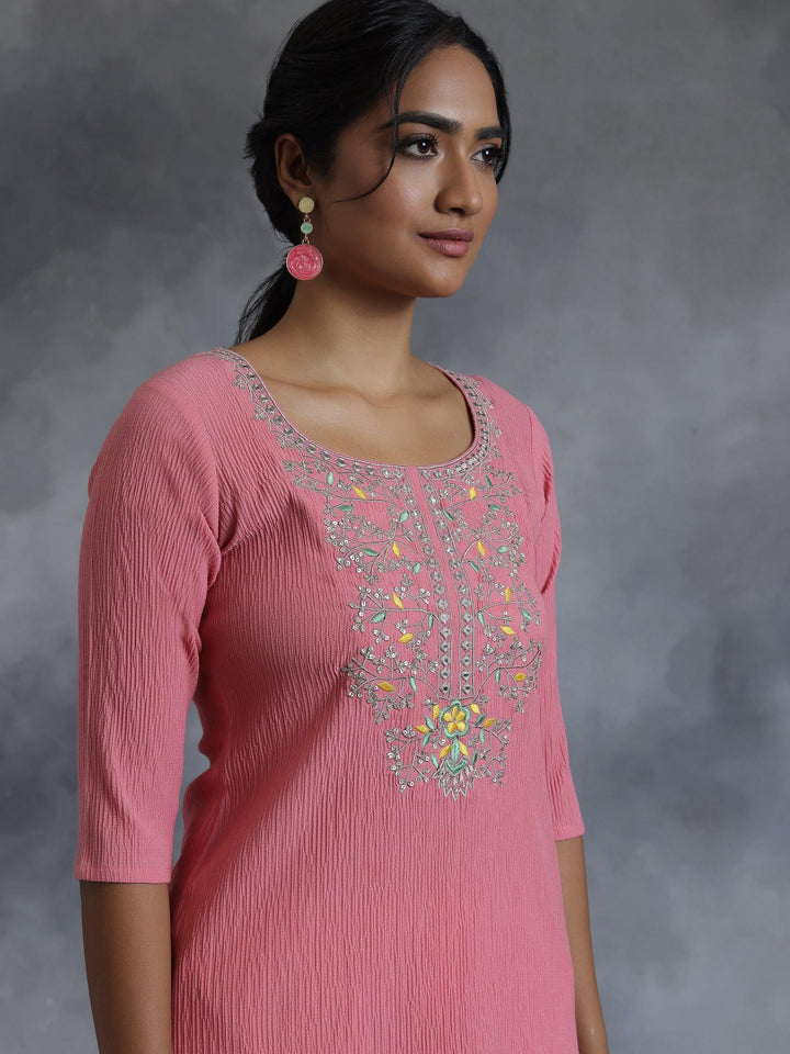 Pink Yoke Design Polyester Straight Kurta - Libas