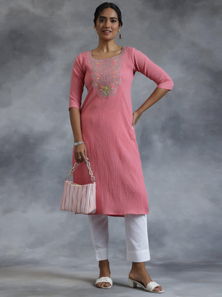 Pink Yoke Design Polyester Straight Kurta - Libas