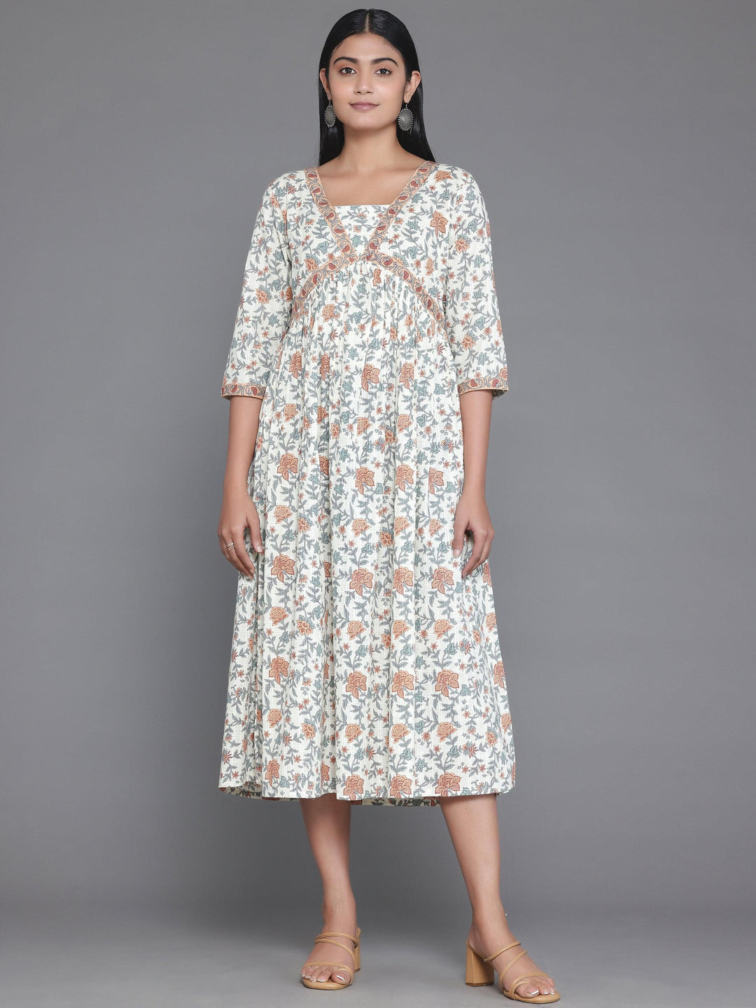 Off White Printed Cotton Fit and Flare Dress - Libas 