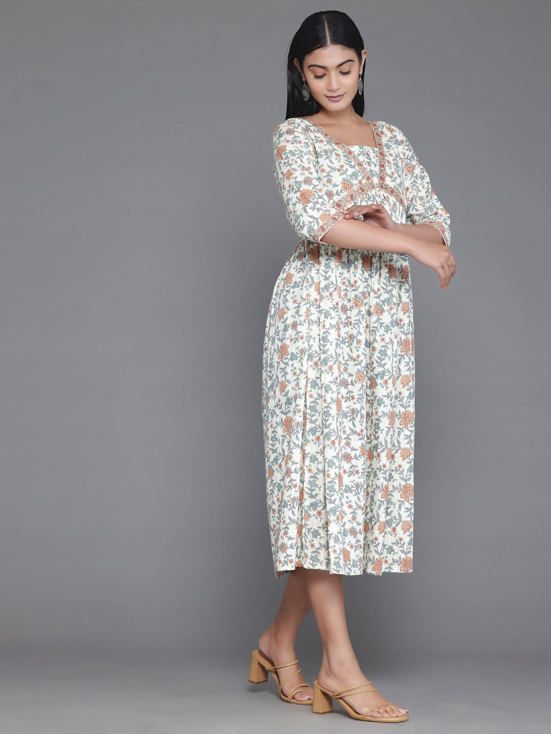 Off White Printed Cotton Fit and Flare Dress - Libas