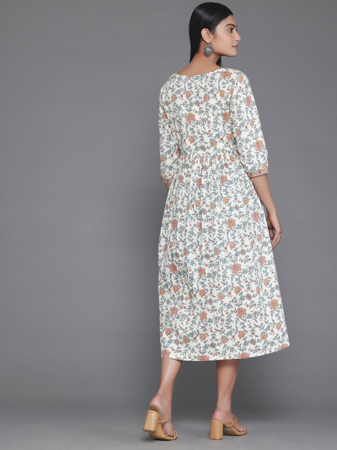 Off White Printed Cotton Fit and Flare Dress - Libas