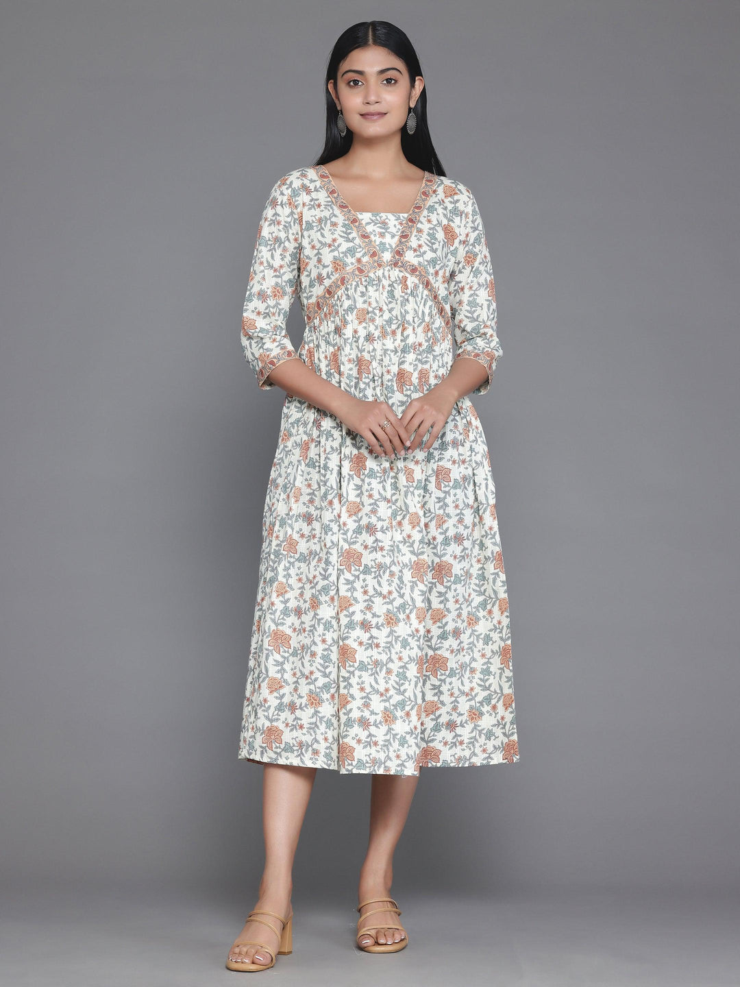 Off White Printed Cotton Fit and Flare Dress - Libas 