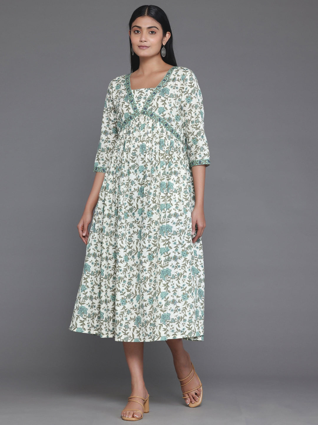 Off White Printed Cotton Fit and Flare Dress - Libas 