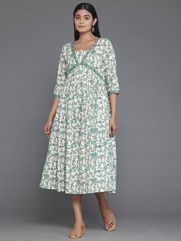 Off White Printed Cotton Fit and Flare Dress - Libas