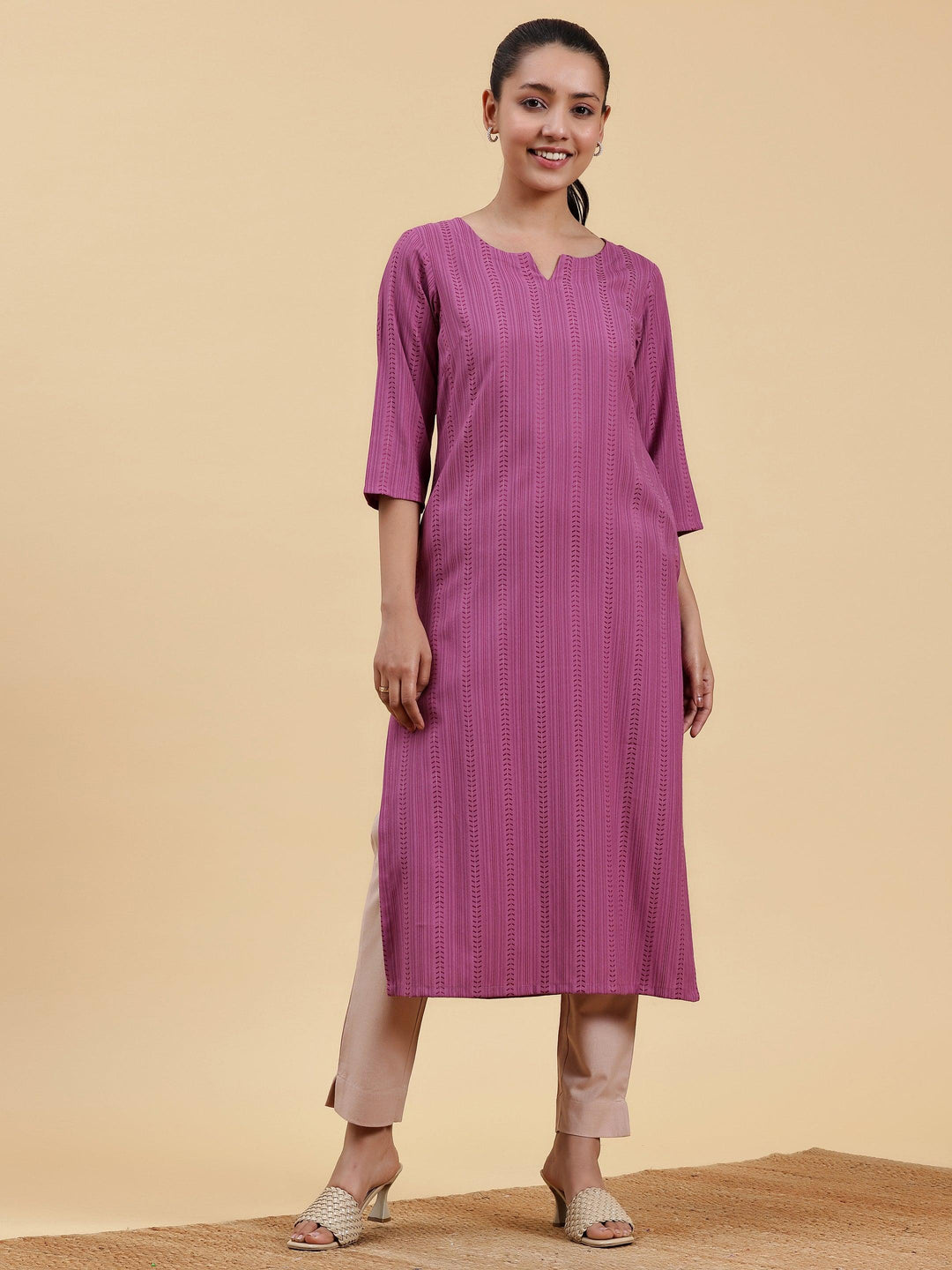 Mauve Striped Rayon Straight Kurta - Libas 