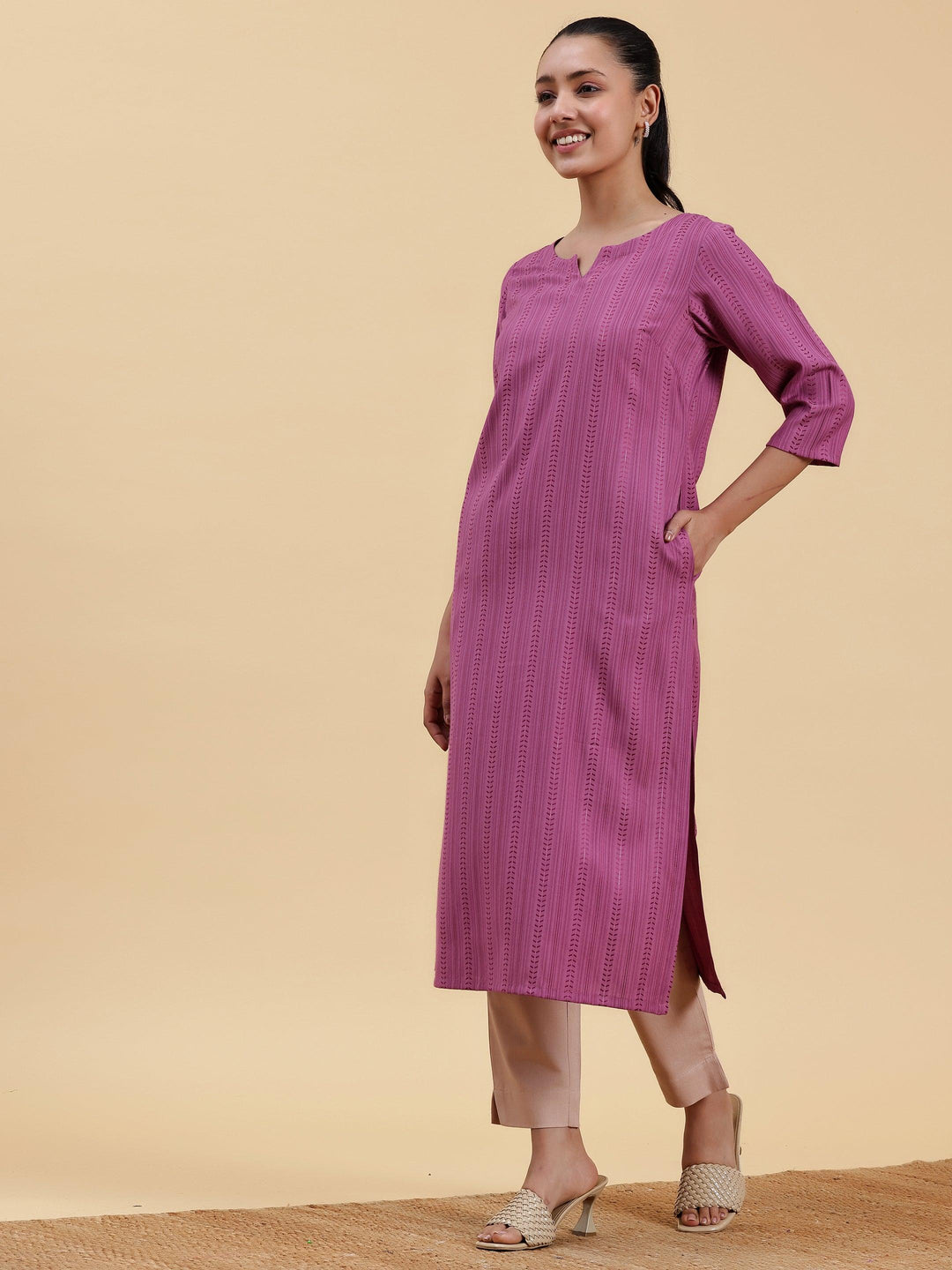 Mauve Striped Rayon Straight Kurta - Libas