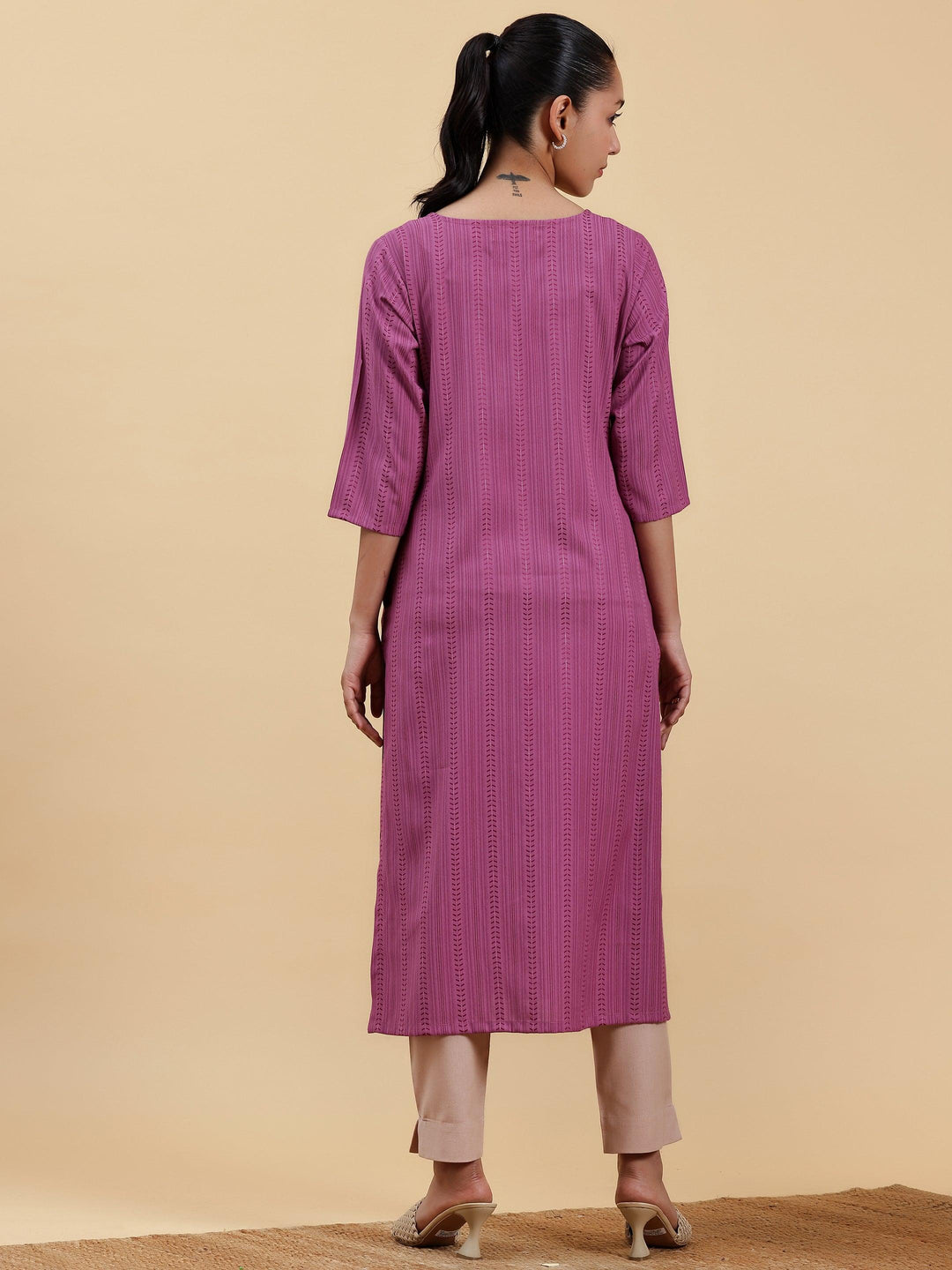 Mauve Striped Rayon Straight Kurta - Libas 