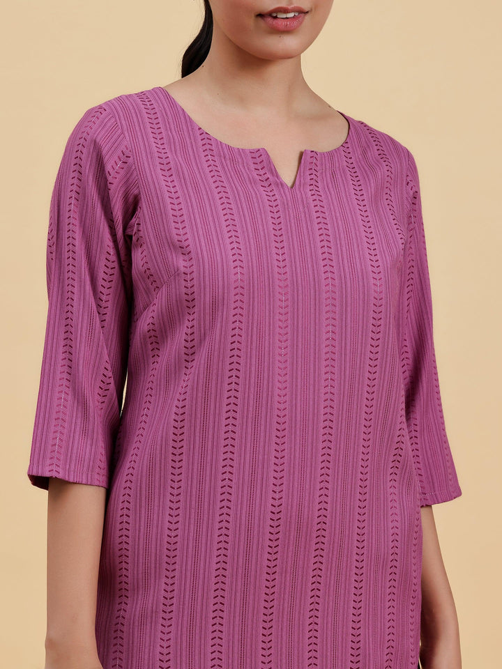 Mauve Striped Rayon Straight Kurta - Libas