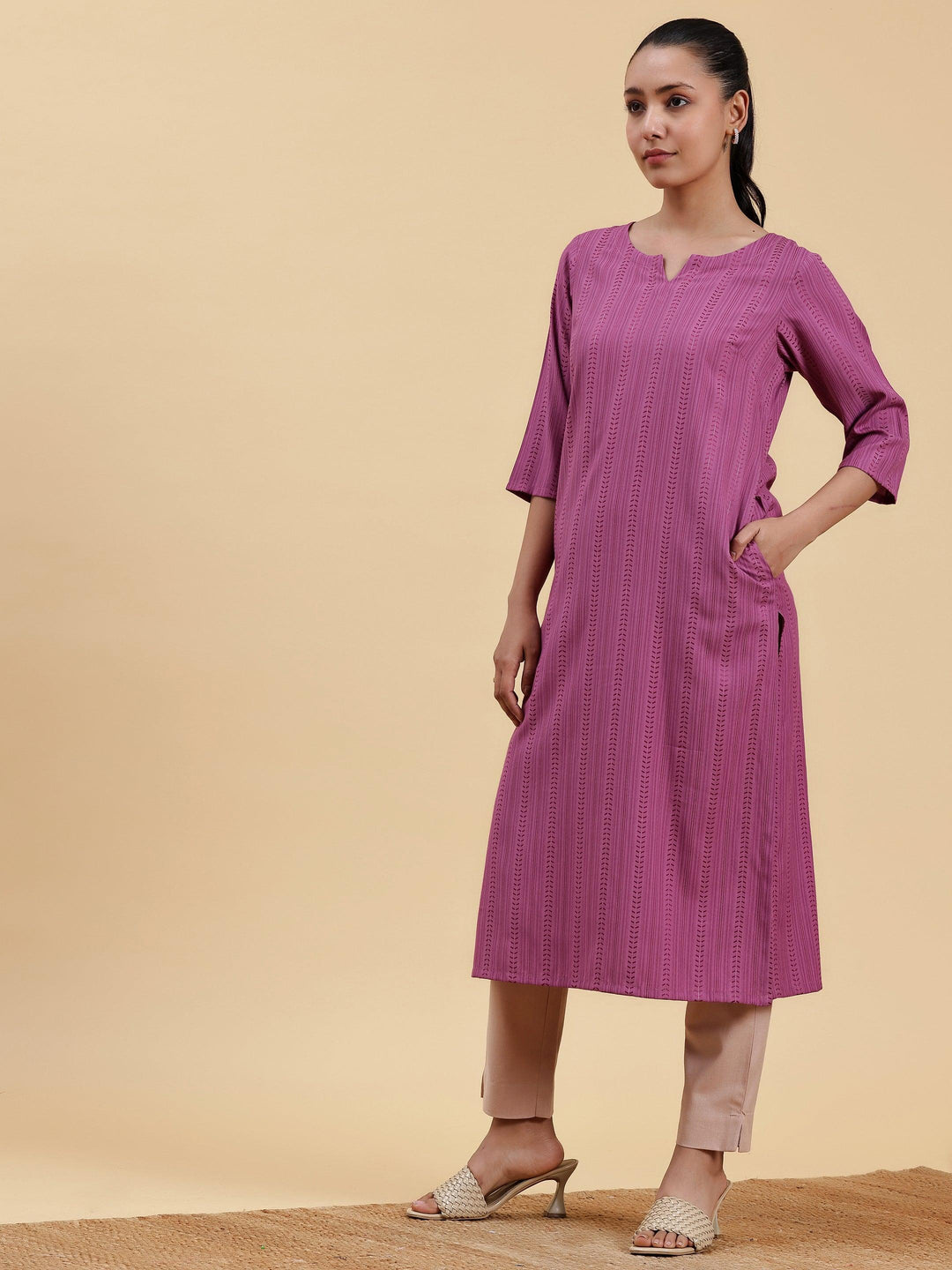 Mauve Striped Rayon Straight Kurta - Libas 