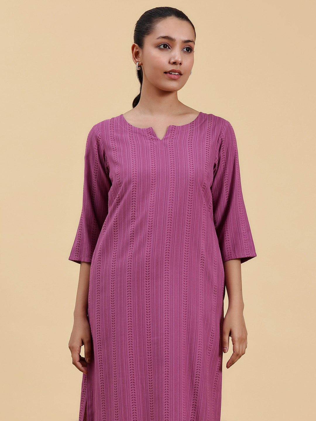 Mauve Striped Rayon Straight Kurta - Libas