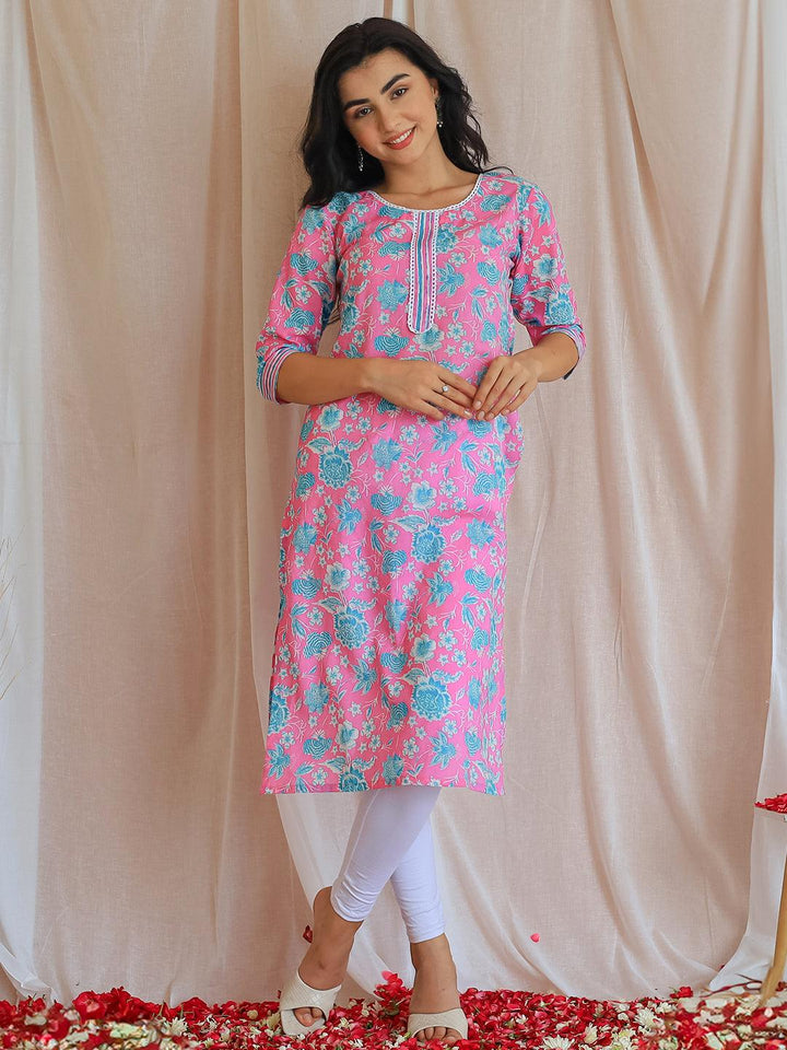 Pink Printed Cotton Straight Kurta - Libas