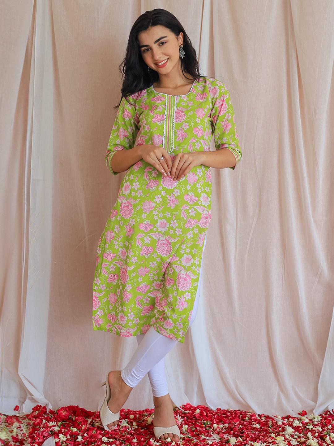 Green Printed Cotton Straight Kurta - Libas 