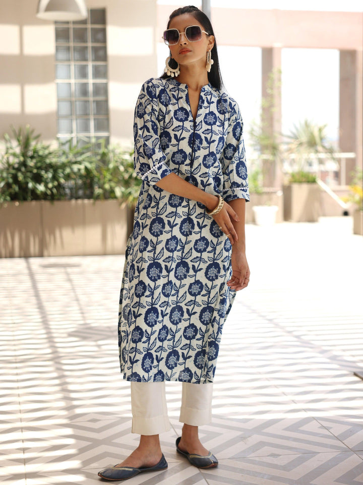 Blue Printed Cotton Straight Kurta - Libas