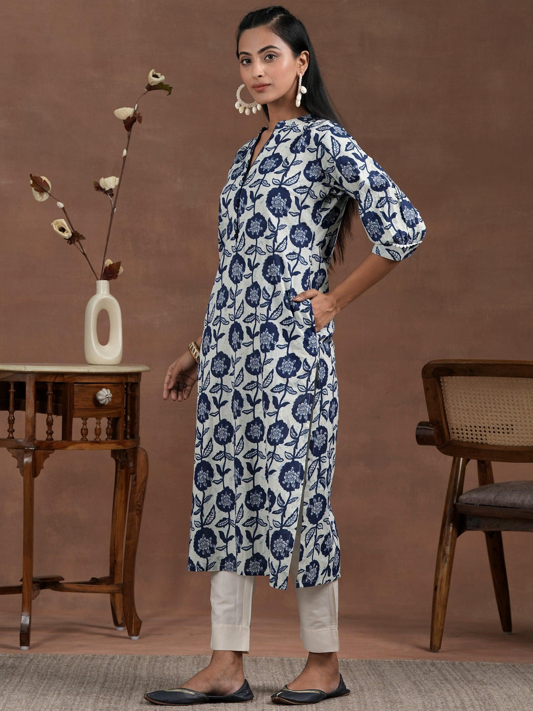 Blue Printed Cotton Straight Kurta - Libas 