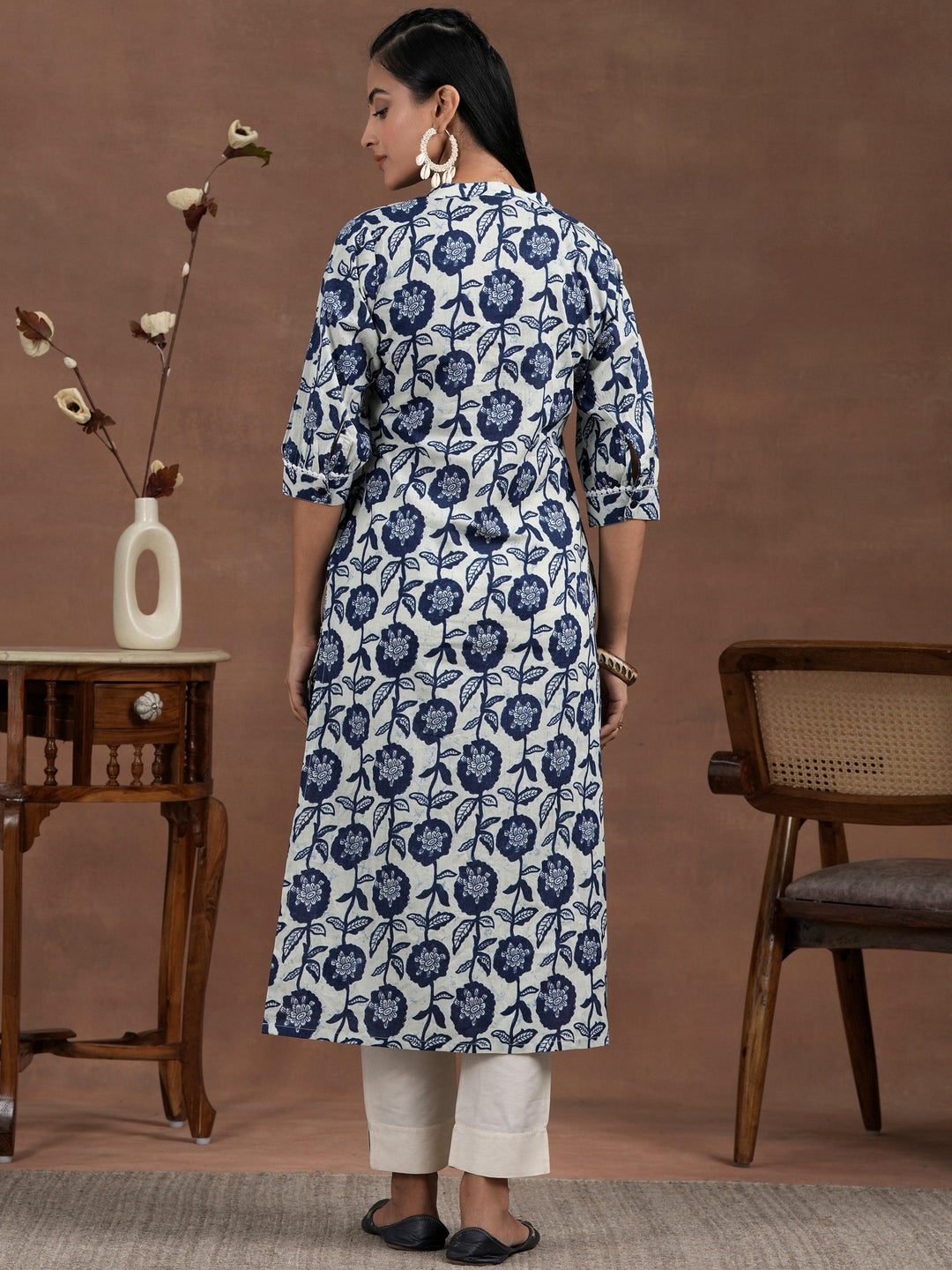 Blue Printed Cotton Straight Kurta - Libas 