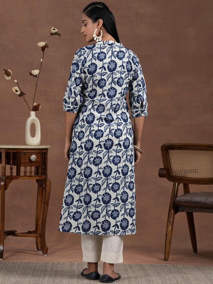 Blue Printed Cotton Straight Kurta - Libas