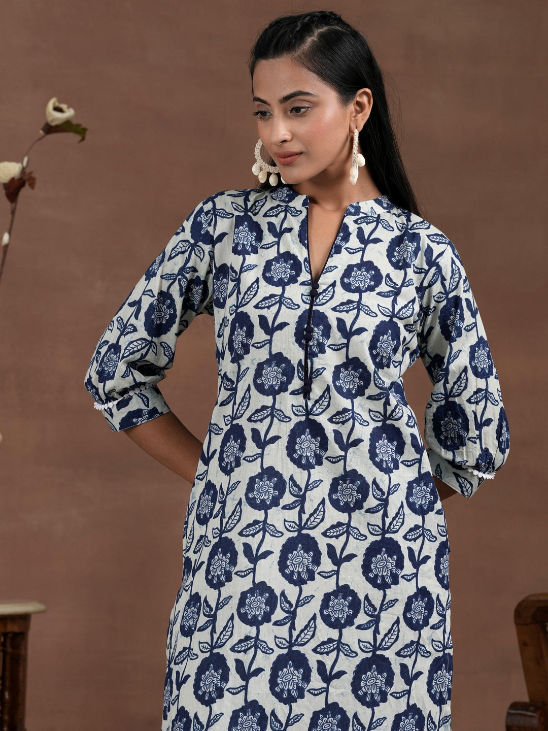 Blue Printed Cotton Straight Kurta - Libas 