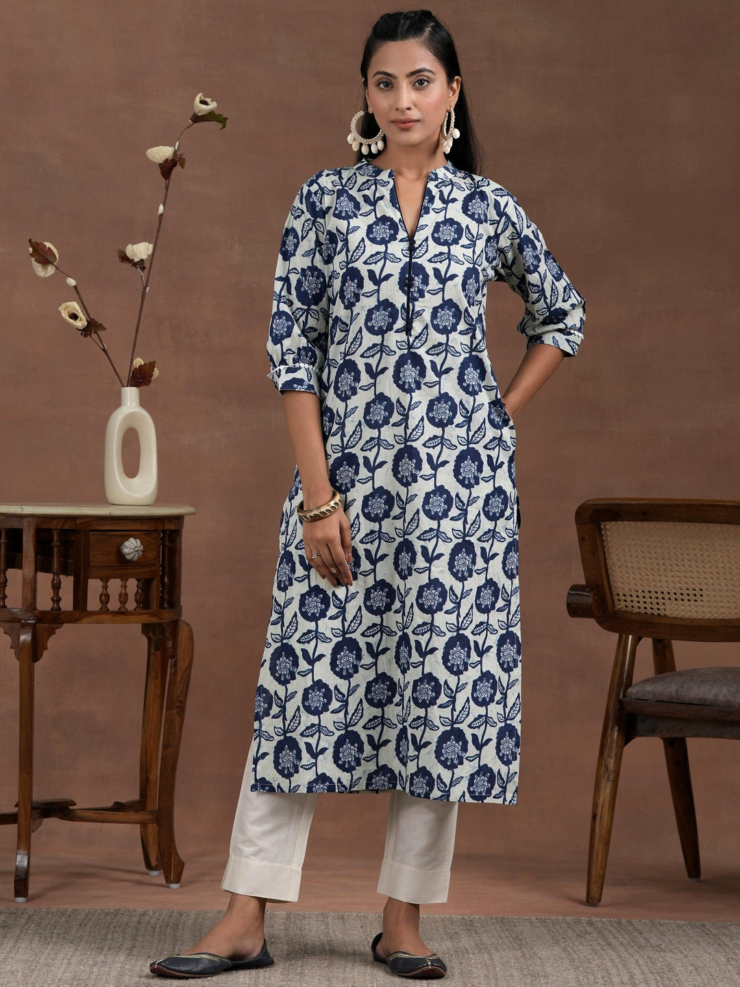 Blue Printed Cotton Straight Kurta - Libas