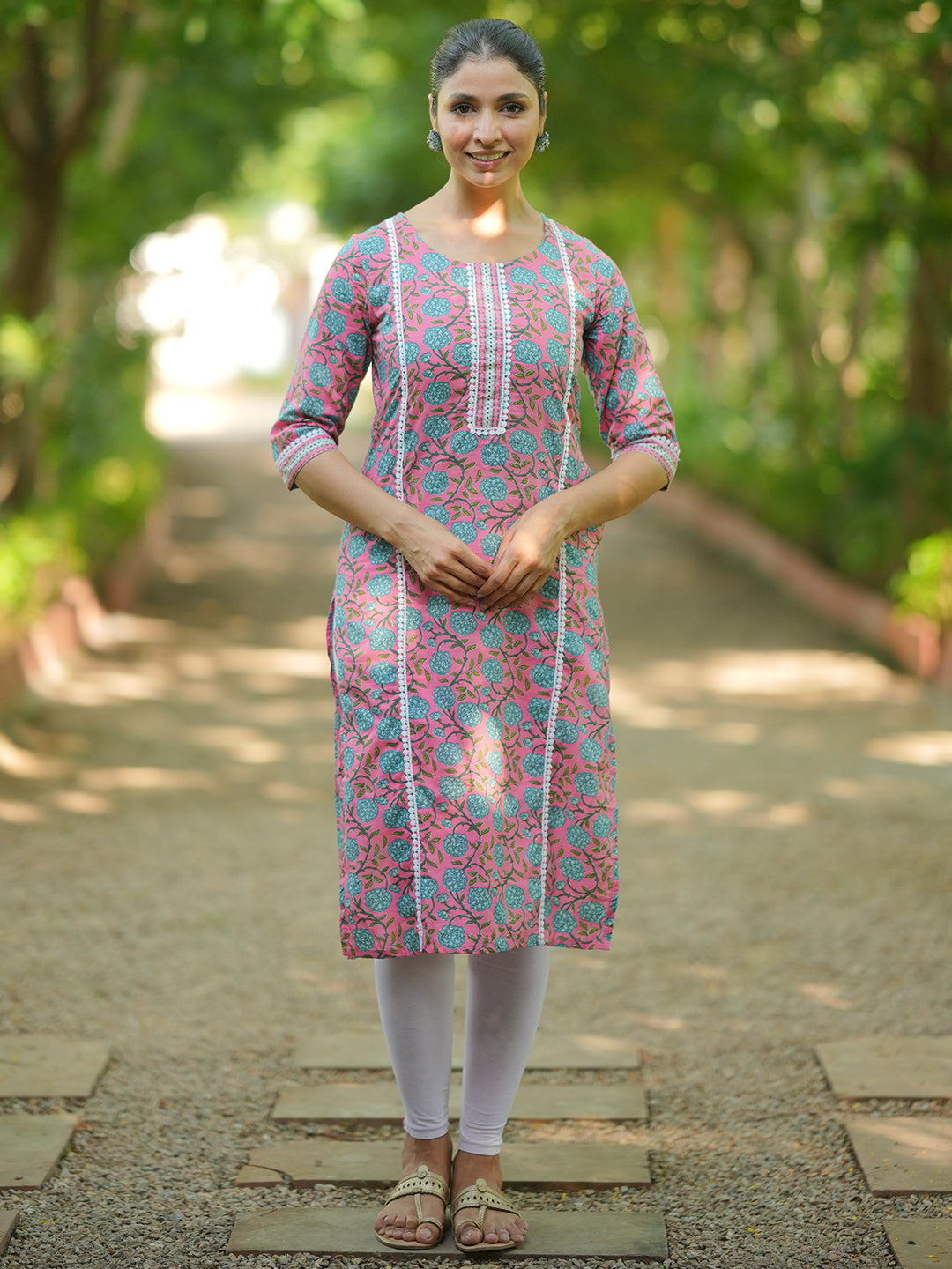 Pink Printed Cotton Straight Kurta