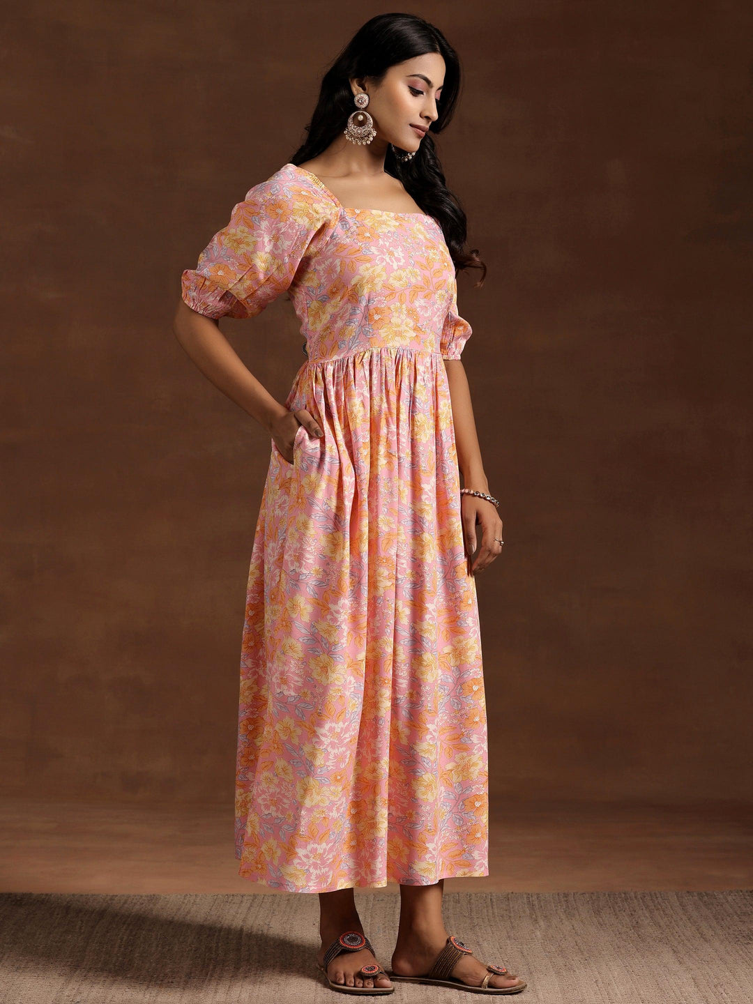 Peach Printed Rayon Fit and Flare Dress - Libas 