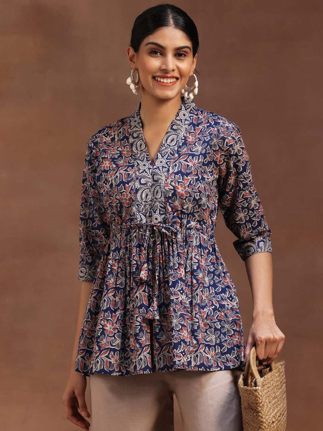  Blue Printed Cotton A-Line Kurti 