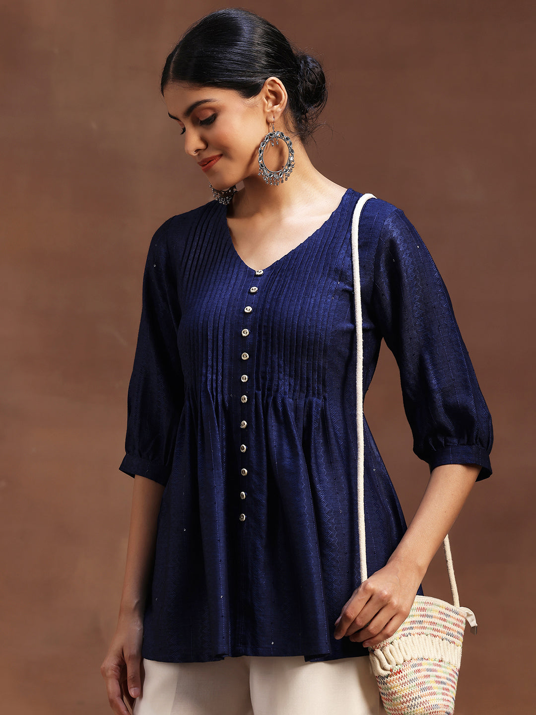  Blue Woven Design Silk Blend A-Line Kurti 