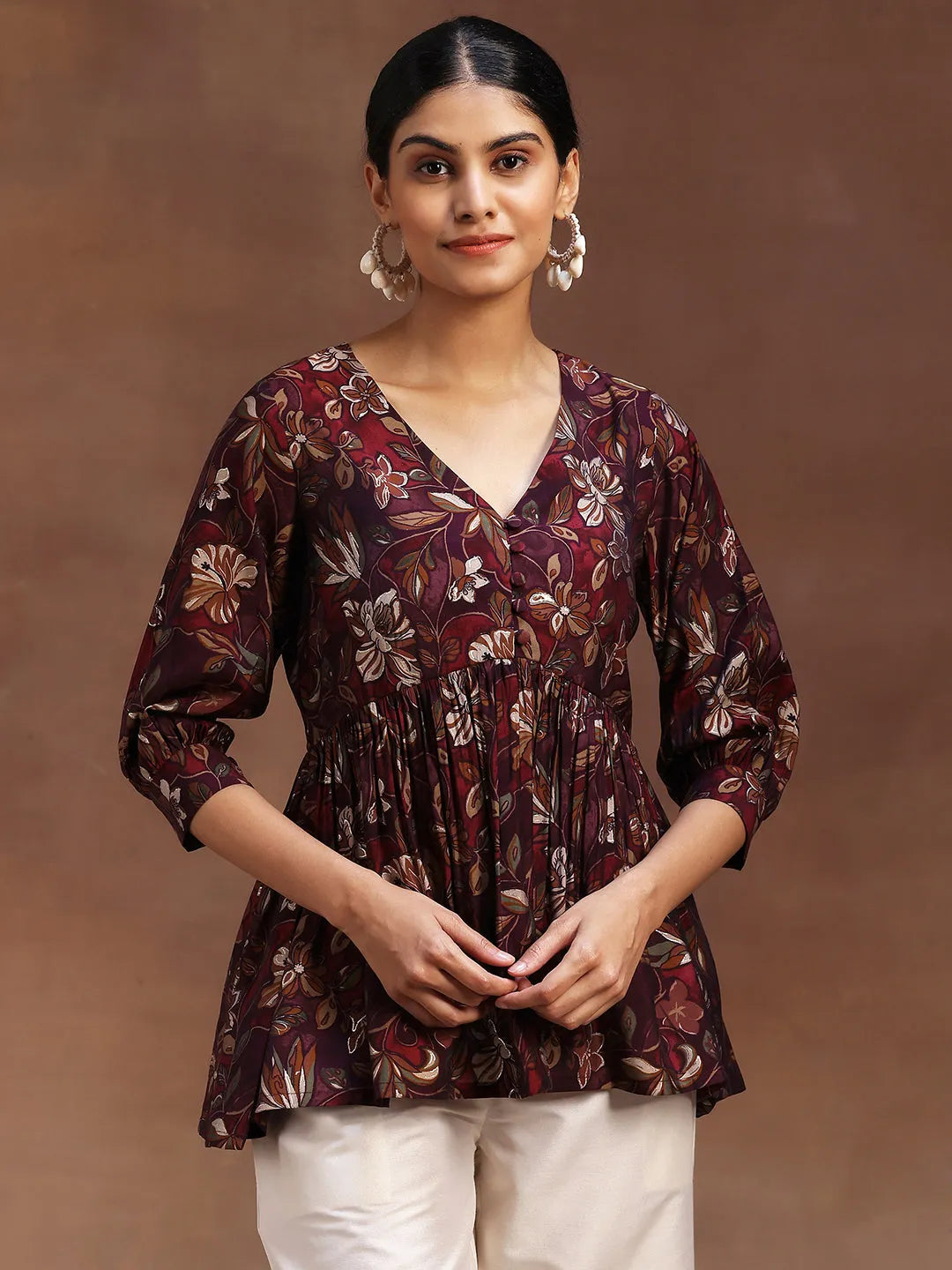  Wine Printed Silk Blend A-Line Kurti 