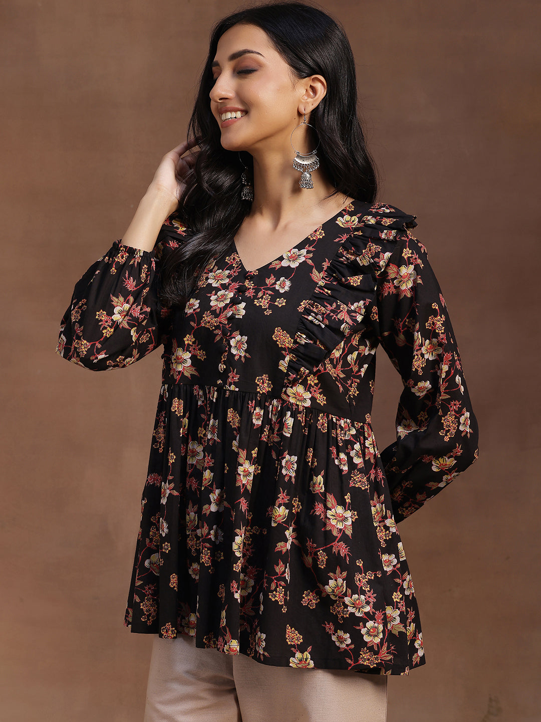 Black Printed Cotton A-line Kurti