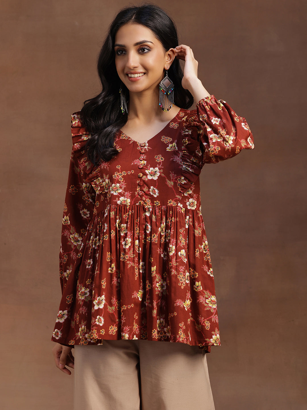  Rust Printed Cotton A-line Kurti 