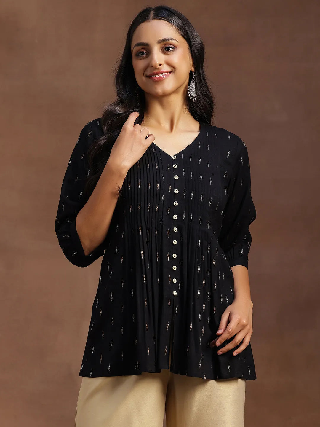  Black Woven Design Cotton Blend A-line Kurti 