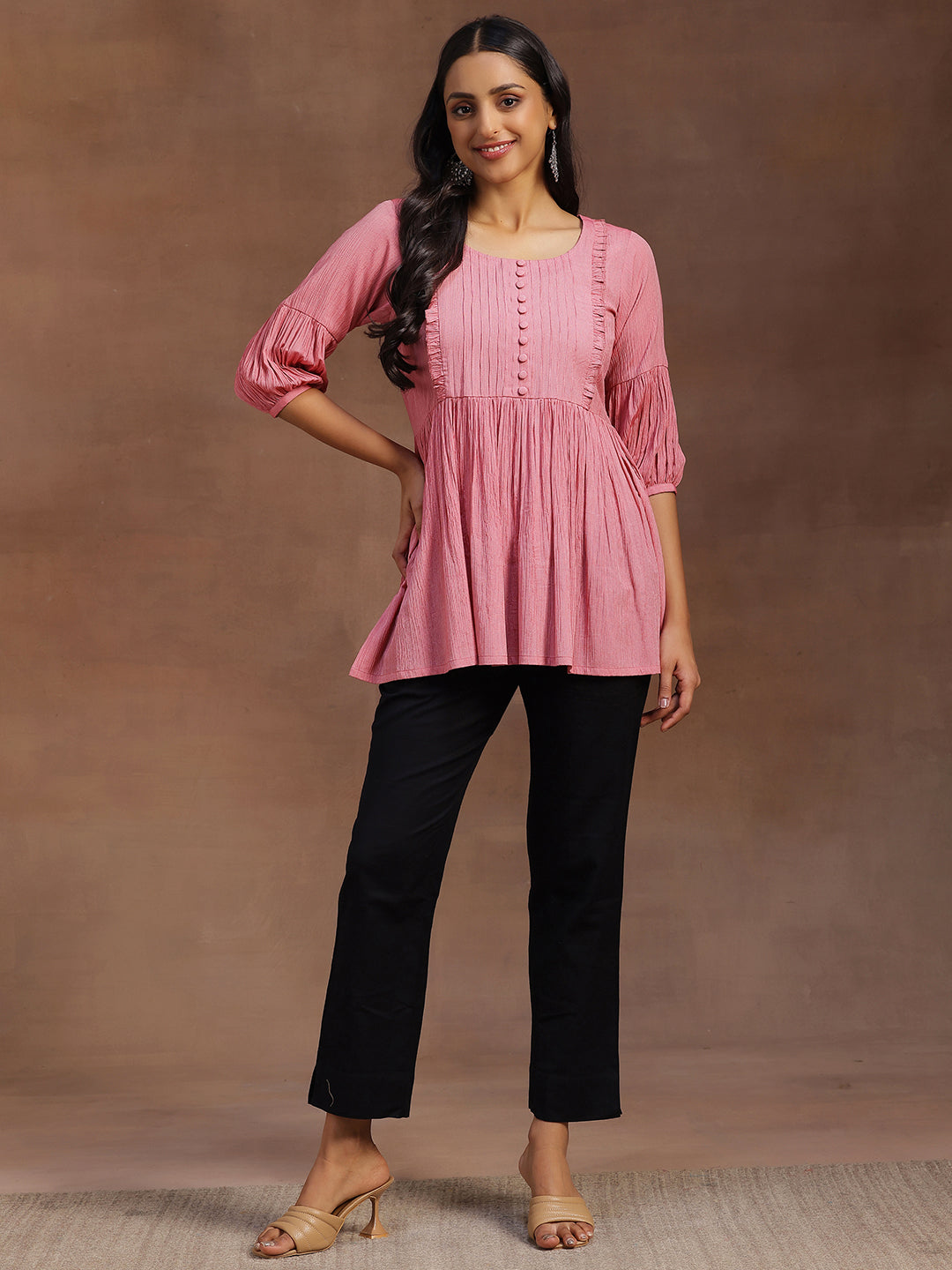 Pink Solid Cotton Blend A-line Kurti