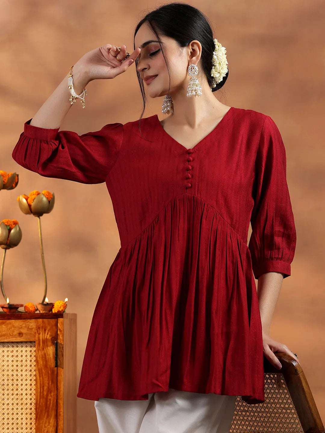  Red Woven Design Silk Blend A-line Kurti 