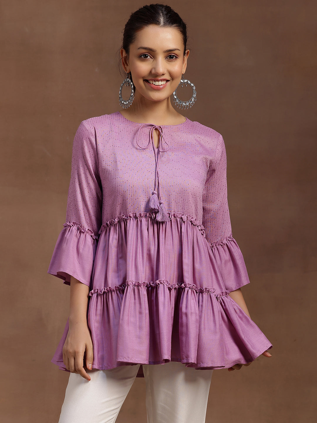 Lavender Embellished Silk Blend A-line Kurti