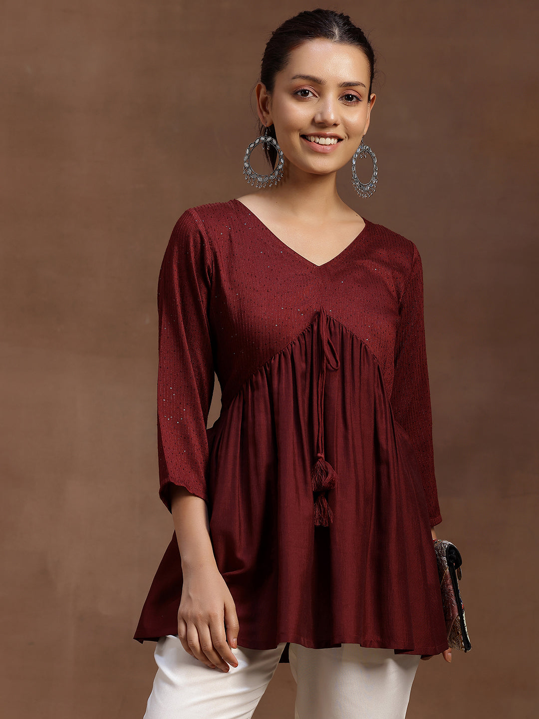  Wine Embellished Silk Blend A-line Kurti 