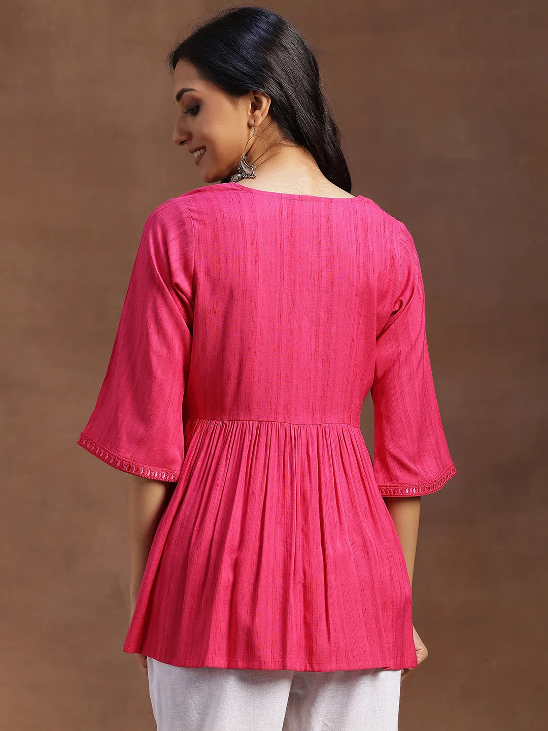  Pink Solid Rayon A-line Kurti 